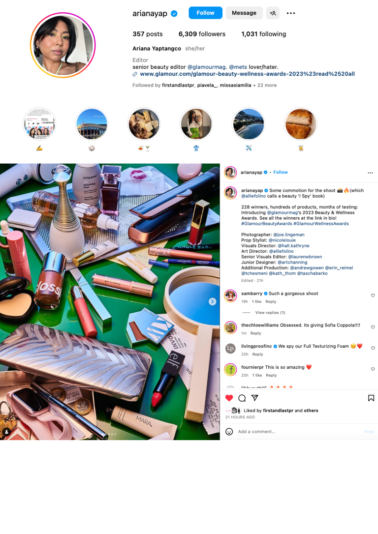 Ariana Yaptangco IG, Glamour Senior Beauty Editor, 11.14.23